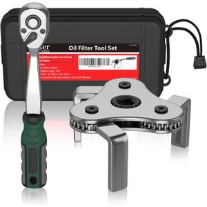 Moker Universal Oil Filter Wrench Adjustable, 3 Jaw Oil Filter Remover Tools fits Filters from 2-1/8 To 4-1/2 inches(54-115mm),w/Quick Release Ratchet, Oil Filter Change Set, Ideal for Engine Filters
