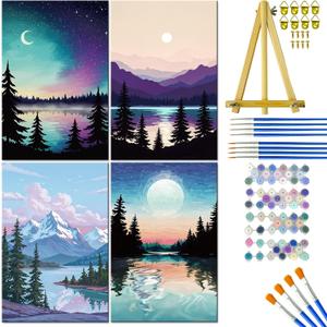 4 Pack Framed Paint by Numbers Kit for Adults Beginner, Landscape Paint by Number on Canvas with Easel, Acrylic Paint Set, Brushes, DIY Painting Kit for Home Wall Decor & Christmas Gift (8x12 inch)