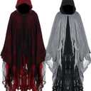 Geyoga 2 Pcs Halloween Horror Grim Reaper Costume Scary Cloak Medieval Renaissance Gothic Wizard Robe Men Women Hooded Cape (Large, Black, Red)