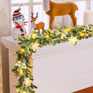 Ethlomoer 6.2FT Pre-lit Flocked Olive Christmas Garland with 20 LED Lights, Battery Operated, Lighted Garland with Snowflake Ornaments for Mantle Fireplace Stairs, Christmas Decorations