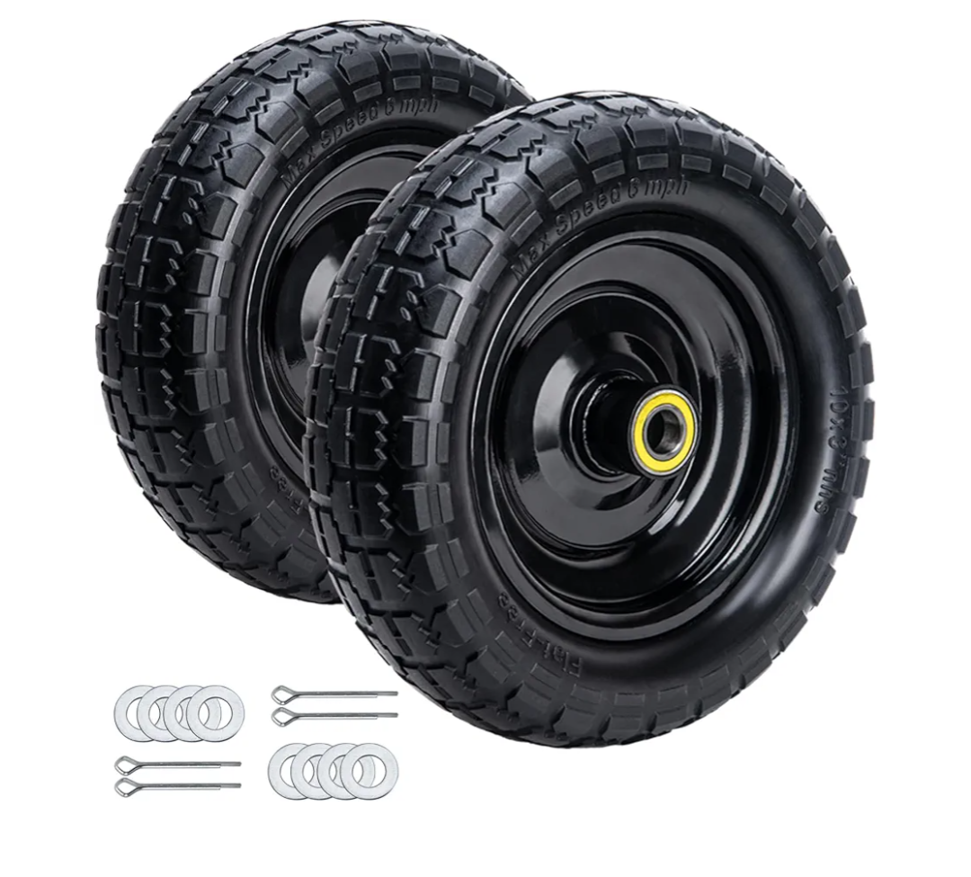 10" Solid Rubber Tires, 4.10/3.50-4 Tire and Wheel Flat Free, 2-Pack with 3/4" Bearings, 2.17"Offset Hub for GOR Garden Cart, Wheelbarrow, Trolleys, Hand Trucks & Yard Trailers
