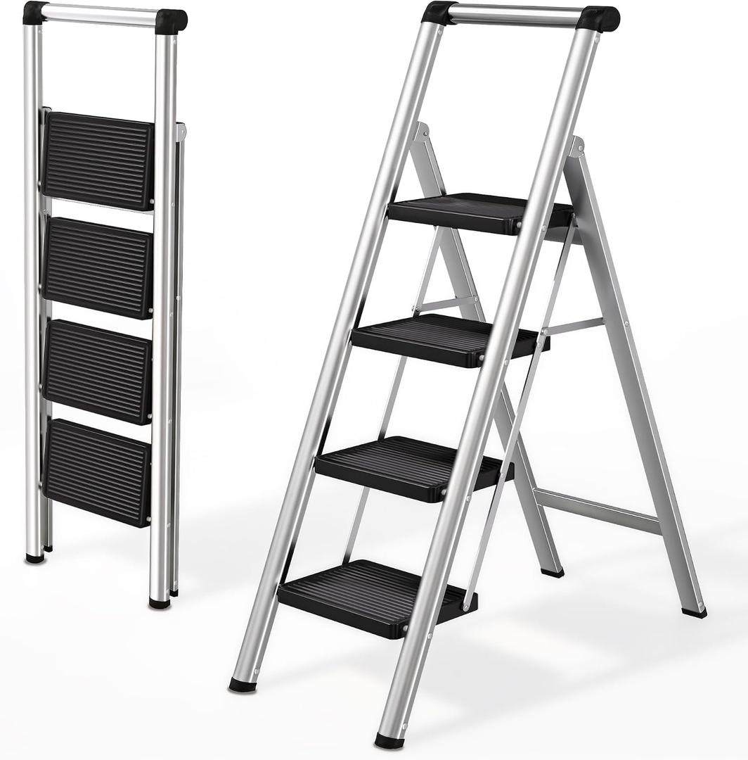 Step Ladder 4 Step Folding, Stainless Steel 4 Step Stool for Adults