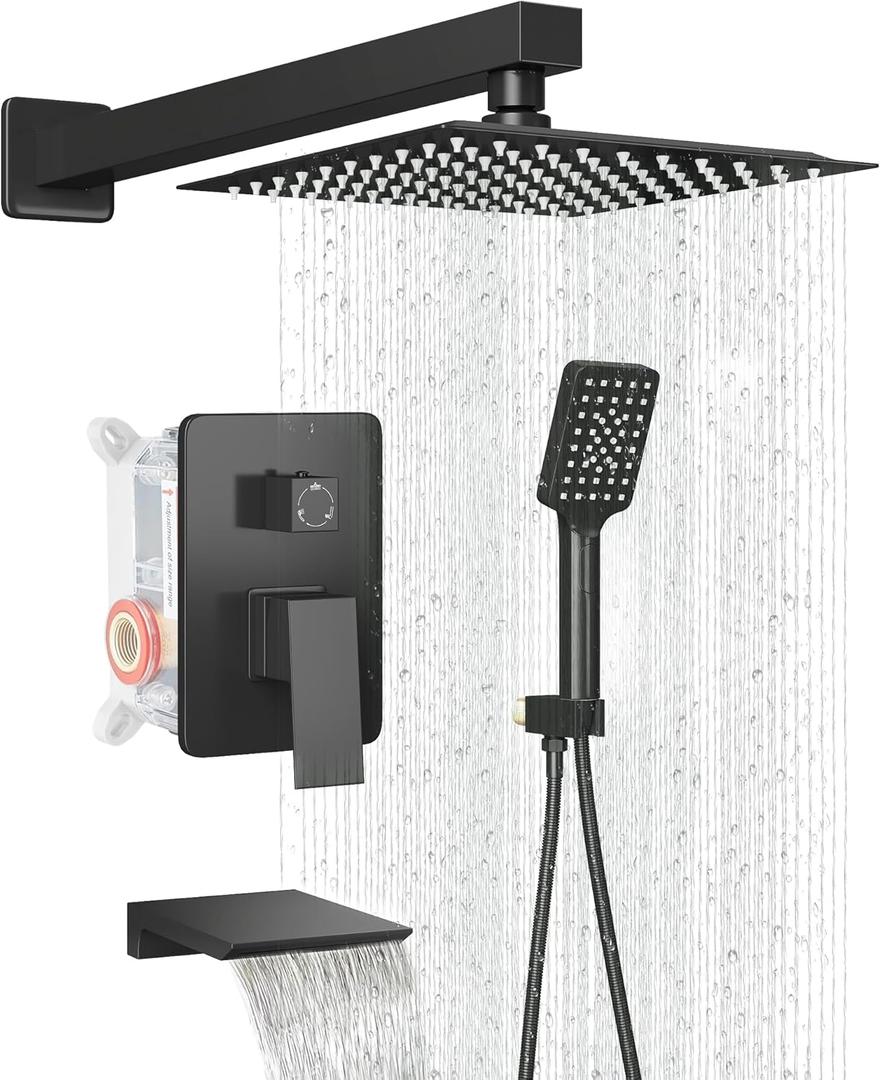 Shower Faucet Set Complete Matte Black Shower System with 12 inch Square Rainfall Shower Head 3-Function Handheld Shower Waterfall Bathtub Spout Rain Shower Combo Set Bathroom Wall Mounted