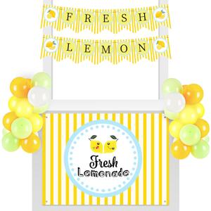43 Pcs Lemonade Stand Supplies 45 x 31 Inch Tablecloth, 2 Fresh Lemon Garland, 40 Latex Balloons for Fresh Squeezed Lemonade Stand Decorations Kit Summer Lemon Birthday Party(Striped)