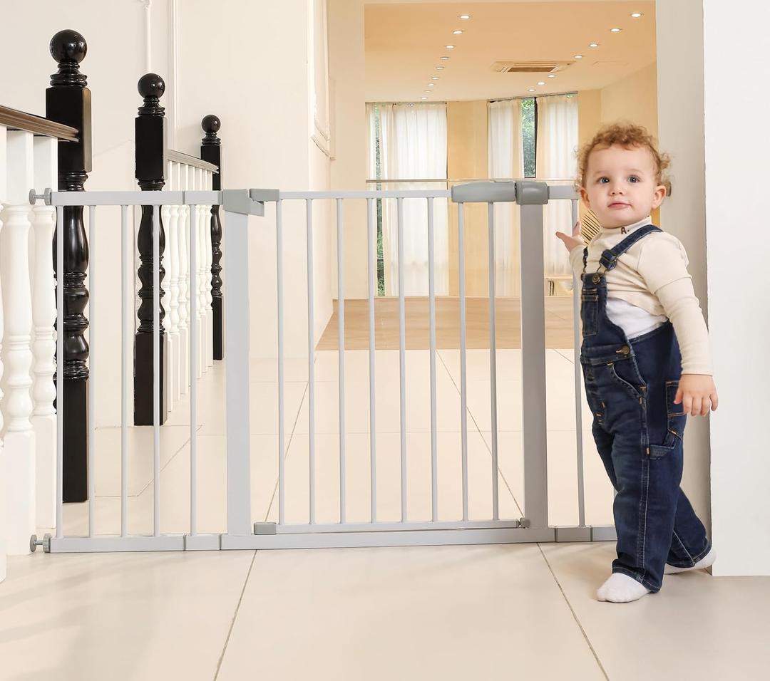29"-57" Baby and Pet Safety Gate, 30" Tall Metal Walk-Thru Gate for Doorways & Stairs, Easy One-Hand Open, Dual Lock, Extensions & Wall Mounts Included (Gray, 29" x 57" x 30 )