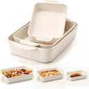 Ceramic Baking Dish Set of 3, Casserole Dishes for Oven, Square Porcelain Bakeware Set with Handles, Lasagna Baking Pan for Cooking, Perfect for Baking and Serving, Housewarming, Halloween, Thanksgiving, Christmas, New Year-Reactive White