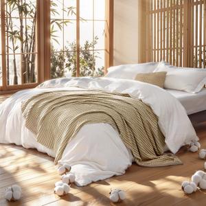 Bedsure 5 Pieces Cotton Comforter Set with Cotton Waffle Throw Blanket - White Queen Comforter, Pillow Shams, Taupe Cooling Blanket of Rayon Derived from Bamboo for Hot Sleepers, Throw Pillow