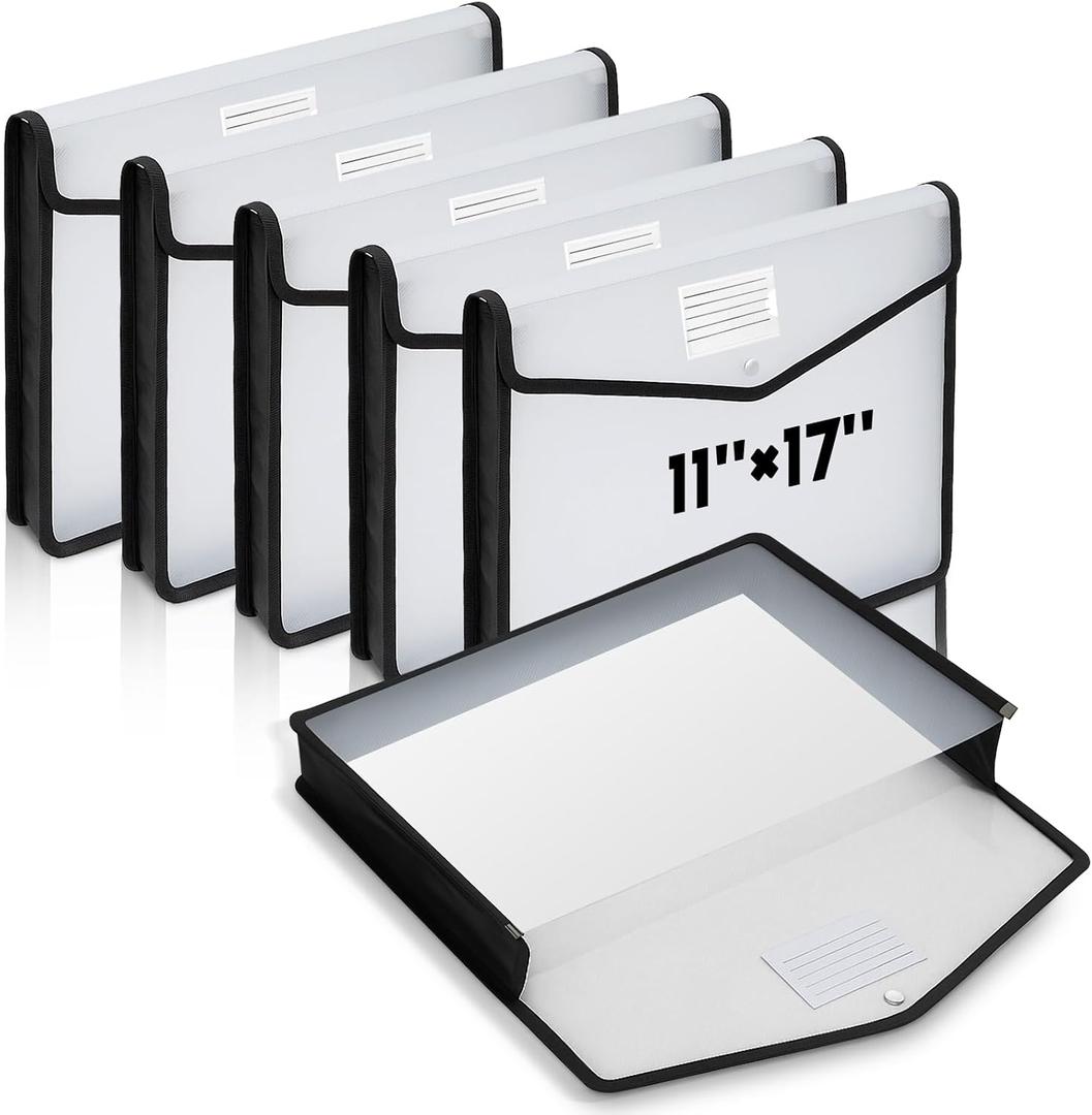 AmazingSpark 6 Pcs 11 x 17 Inch Expandable Tabloid Size Document Folder Organizers with Snap Closure & Label, Clear Plastic Expanding File Folder for A3 Ledger Size Plots Charts (Black)