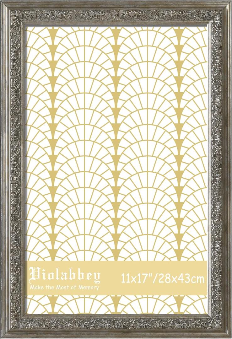 VIOLABBEY 11x17 Picture Frame Sliver, Vintage Photo Frames Ornate without Mat for Wall Hanging
