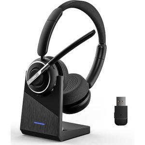 (2025 Upgraded) Wireless Headset with Mic for Work, Bluetooth Headset with Noise Canceling Microphone with Dongle, Charging Base & Mic Mute, Wireless Headphones for Work from Home/PC/Computer (Black)