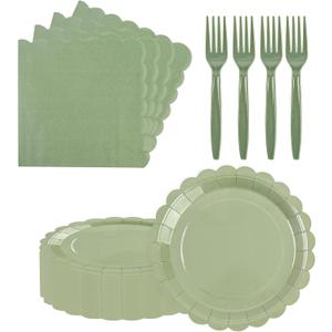 75pcs Sage Green Paper Plates and Napkins,25 Guest Sage Green Scalloped Paper Tableware Forks Disposable Dinnerwaret Kit for Baby Shower Bridal Wedding Birthday Party New Year Decorations