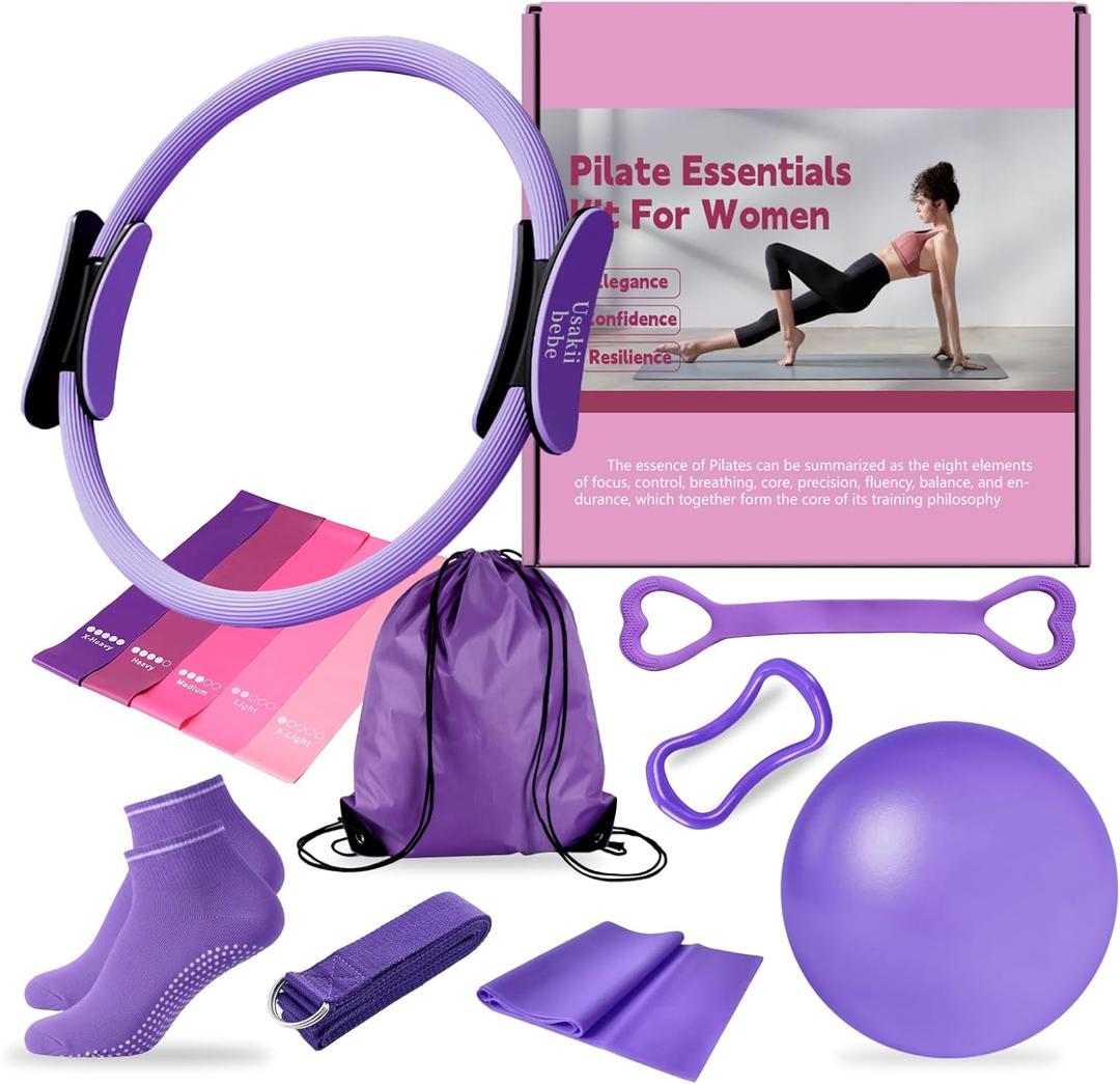 Home Pilates Essentials Kit for Women, Pilates Equipment Workout Set with Pilates Ball,Pilates Bands & Accessories, Pilates Ring Set for Beginners Home Workout with Guide (purple)