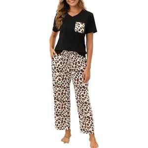 Womens Pajama Sets 2 Piece Short Sleeve Pjs Tops and Long Pants Sleepwear Lounge Set with Pocket (XX-Large, Black)