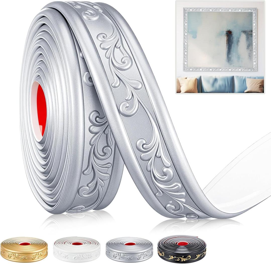 Peel and Stick PVC Crown Molding Trim Flexible Molding Trim 13.1 ft x 1.8" Self Adhesive Wallpaper Wall Border Mirror Frame Baseboard Cabinet for Home Decor Edge Background(Silver)