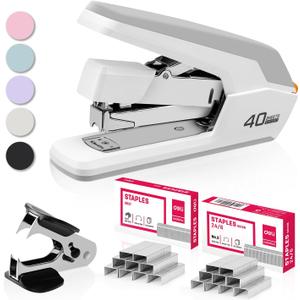 Deli Effortless Desktop Stapler, Heavy Duty Stapler, 40-50 Sheet Capacity, One Finger, No Effort, Includes Staples & Staple Remover, White