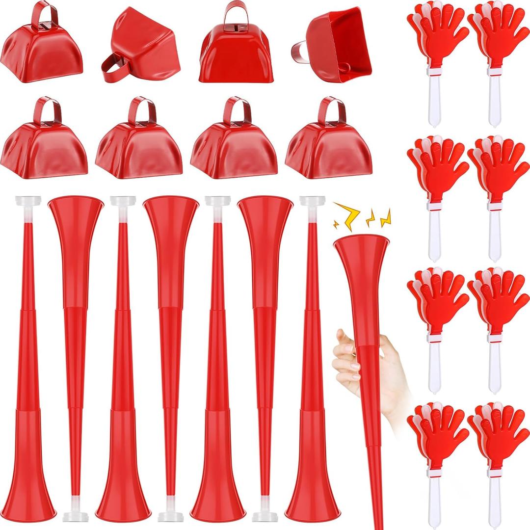 Jenaai 24 Pcs Cheer Team Gifts Bulk Collapsible Stadium Horn Hand Clappers Metal Cowbells Team Cheering Spirit Accessories Noisemakers 24" Vuvuzela Blow Horn for Sporting Events Football Party(Red)