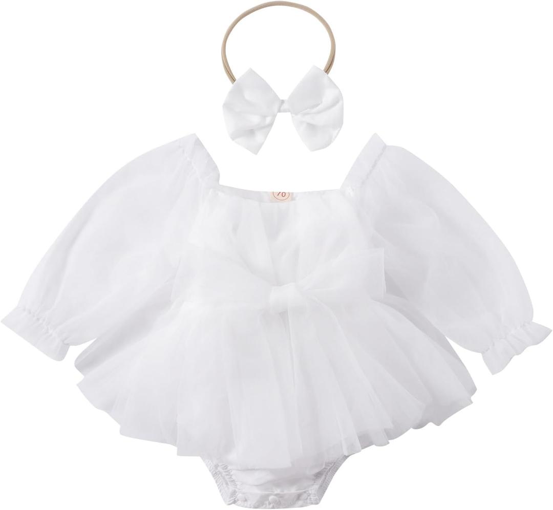 ODASDO Newborn Baby Girl Romper Dress Flower Embroidery Tutu Princess Long Sleeve One-Piece Bodysuit Cake Smash Outfit (6-12 Months, White)