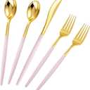 Rubtlamp 90Pcs Gold Plastic Silverware, Fancy Utensils Set With Pink Handles Include 30 Gold Knives, 60Plastic Forks and Spoons, Pink Silverware Heavy Duty For Mother's Day