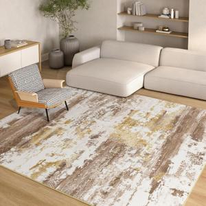 Kelarea Washable Area Rug for Living Room, 8x10 Non Slip Modern Abstract Brown Rugs, Easy Clearning Low Pile Large Carpet for Bedroom, Dining Room, Nursery, Office