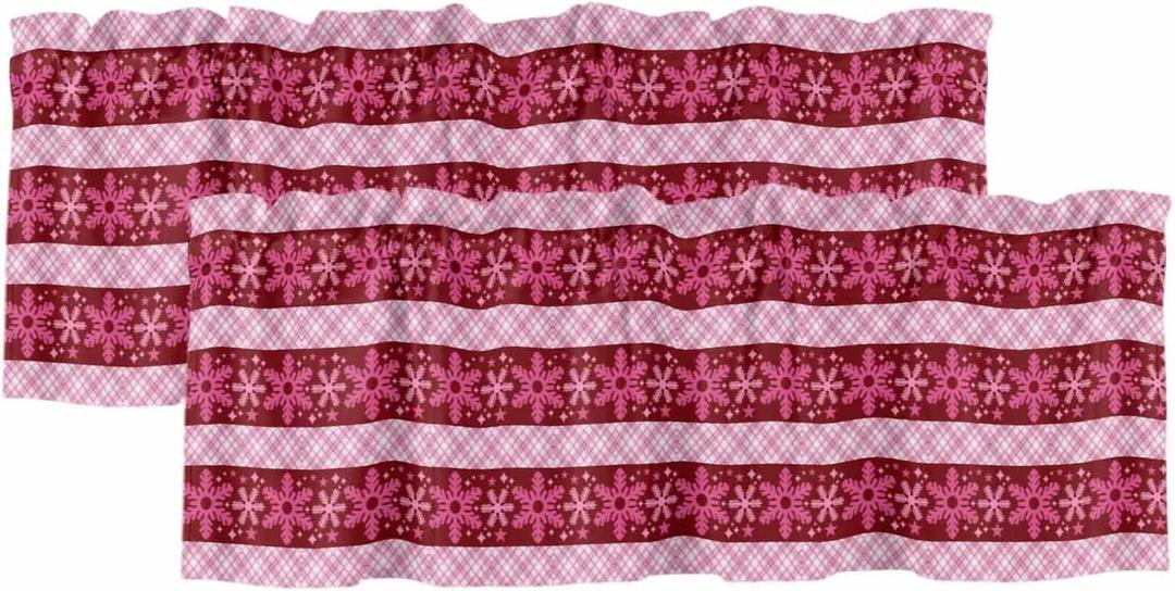 Christmas Snowflakes Stripe 2 Panels Valance for Window Light Filtering Winter Pink Burgundy Plaid Small Curtain Valances, Rod Pocket Window Treatment for Kitchen Bedroom Living Room, 54”x18”