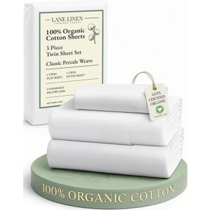 LANE LINEN 100% Organic Cotton Twin Sheets Set, 3Pc Twin Bed Sheets, Soft & Comfy Breathable Cotton Percale Sheets for Twin Size Bed, Dorm Room Essentials Low Pill Fade Resistant White Sheets (01: Pure White)