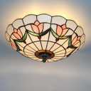 16 Inch Tiffany Style Stained Glass Ceiling Light Flush Mount Ceiling Light Vintage Chandeliers Pendent Light Fixtures (16 Inch Pink)