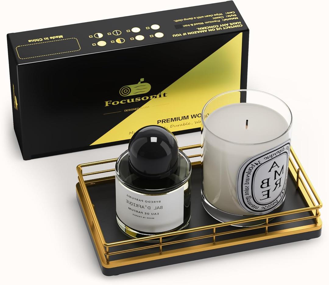 Wooden Decorative Tray, Oak 7.5" L Coffee Table for Kitchen Countertop Dresser Perfume Tray Jewelry Candle Nightstand Table Centerpieces for Dining Room Decor Black Gold (7.5" x 3.9" x 1.5")