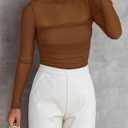 REORIA Womens Trendy Sexy Mock Turtle Neck Long Sleeve Sheer Mesh Ruched Going Out Bodysuits Tops (Brown, L)