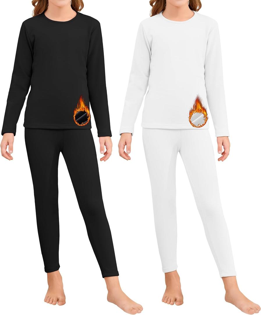 2 Set Girls Thermal Underwear Sets Kids Double-Sided Fleece Lined Long Johns Base Layer Top and Bottom for Cold Weather (XL)