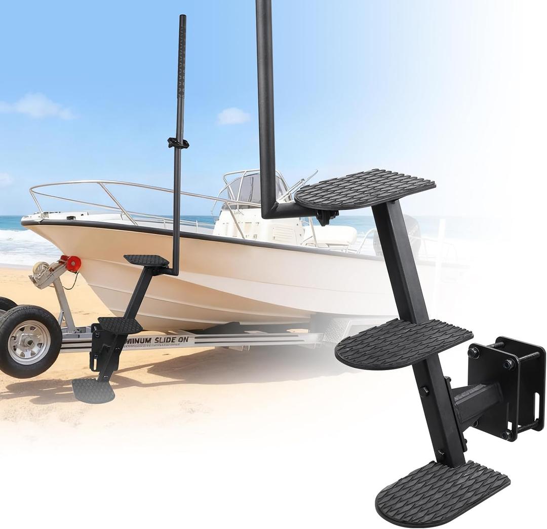 Heavy Duty Boat Trailer Steps with Safety Handle, Non-Slip Mat, Universal Fit for Boat Trailers Tongue Steps, Easy Assembly, 3 Steps
