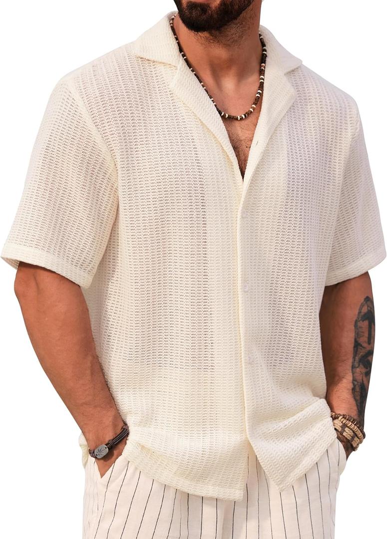 Mens Crochet Shirts Summer Fashion Knit Mesh Button Down Casual Cuban Top (S-XXL) (Beige, XL)