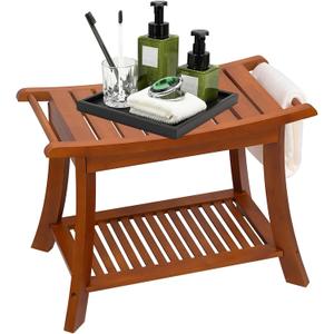 Bamboo Shower Bench with Storage Shelf and Handles, Waterproof Shower Seat for Inside, Shower Bath Stool for Spa, Sauna, Pool Deck, Patio, (Brown)