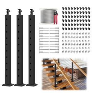 BLIKA Complete Set 36" Stair Railing Post System, Black 25-35 Angle Drilled Line Post, Invisible Cable Railing Kit Include 3Pack Stair Posts, 1/8" Stainless Steel Cable with Cutter (No Handrail)