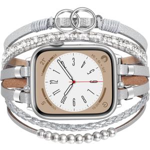 MOFREE Boho Leather Bracelet Compatible with Apple Watch Band 38mm 40mm 41mm Women, Adjustable iPhone Watch Bands Fancy Jewelry Multilayer Strap Wrap for iWatch Bands Series 10 9 8 7 6 5 4 3 2 1 SE