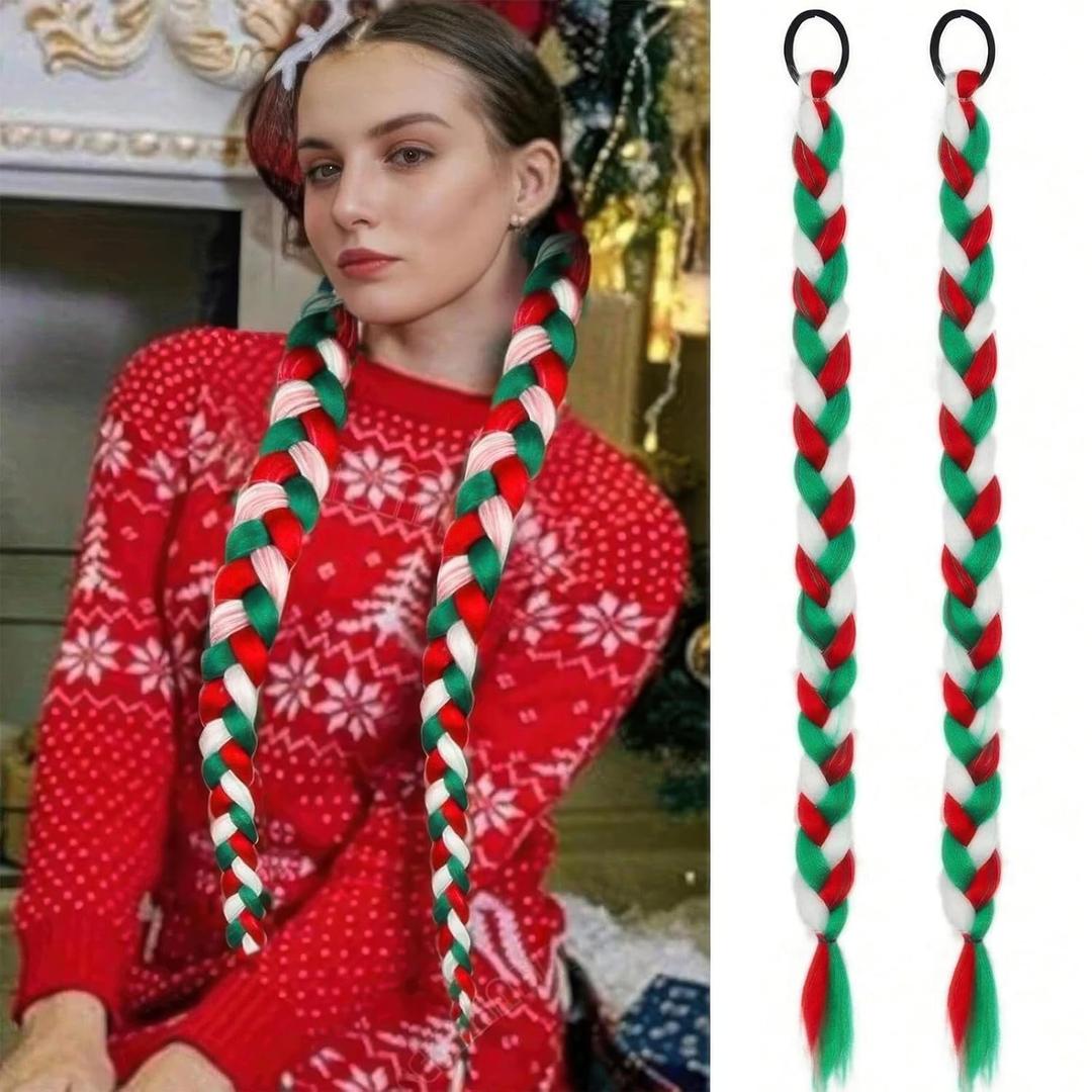 2 Pack Red White Green White Braid Ponytail Extension for Women Girls 23 Inch Red Green Colored Braid Hair Synthetic High-Temperature Fiber Braids Extensions with Elastic Tie for Christmas Party