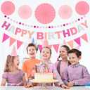 Pre-Strung Happy Birthday Banner, Reusable Felt Birthday Party Decorations, 3D Effect Happy Birthday Sign with Felt Ball Garland, Pennant Flag, Hanging Paper Fans for Men Women Boy Girls (Pink)