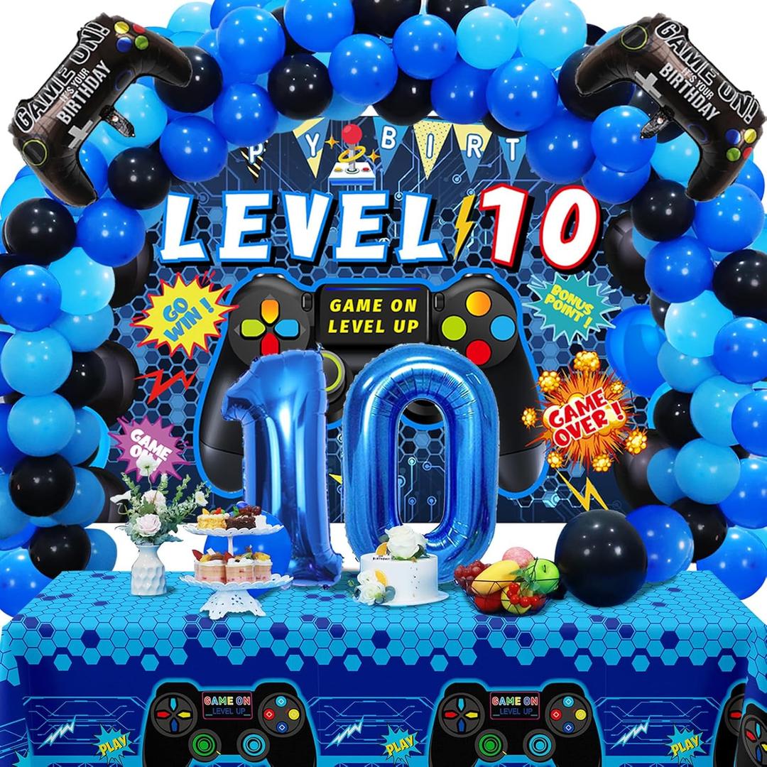 Vlipoeasn 90PCS 10th Birthday Video Game Party Decorations for Boys - Blue 10th Video Game Backdrop, Balloons, Tablecloth, Gamer and 10 Foil Balloons for 10th Birthday Party Supplies
