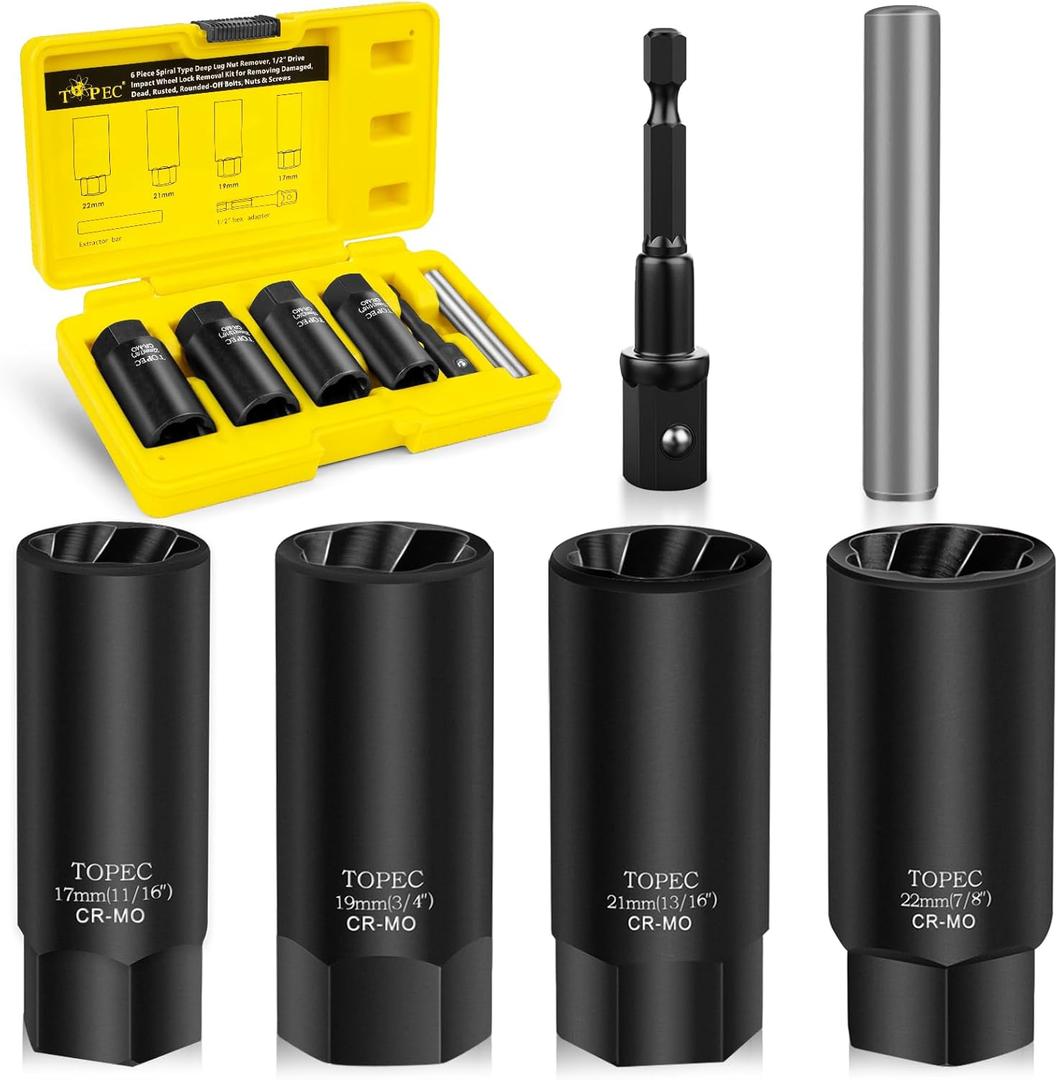 Topec 6PCS Deep Lug Nut Removal Tool, 1/2" Drive Lug Nut Extractor Set, 17,19,21,22MM Wheel Lock Removal Kit, Spark Plug Extractor Socket Set for Stripped, Rounded, Damaged Bolts & Studs