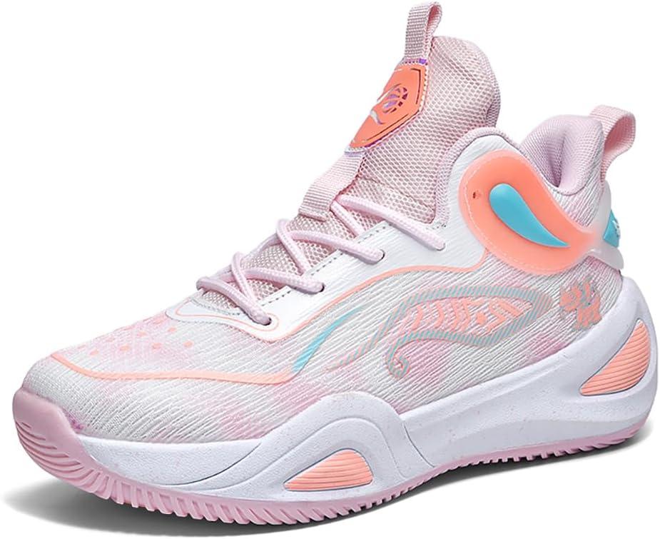 Womens Mens Basketball Shoes High Top Fashion Volleyball Sneakers Breathable Lace Up Non Slip Sport Outdoor Shoe for Unisex (8.5 Women/7.5 Men, Pink)