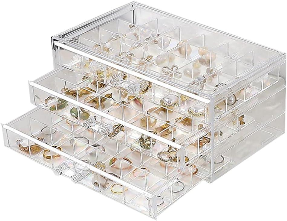 Earring Organizer Box Acrylic Stackable Jewelry Organizer with 3 Drawers 72 Small Compartments Clear Jewelry Display Stand for Stud Earring Ring Pin Display (Transparent)
