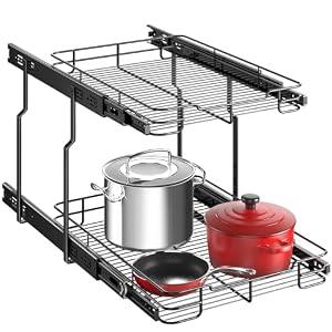 Delamu Pull Out Cabinet Organizer 2-Tier 14" W x 21" D Heavy Duty Chrome-Plated Slide Out Drawers, Kitchen Drawer Organizer Pull Out Shelves for Pots & Pans, Home Pantry Cans & Spices, Black