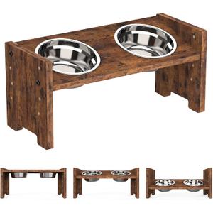 Vantic Elevated Dog Bowls, Adjustable Raised Dog Bowl Stand for Small Puppy and Cats, Sturdy Pet Food Feeder with 3 Stainless Steel Dishes, Rustic Brown