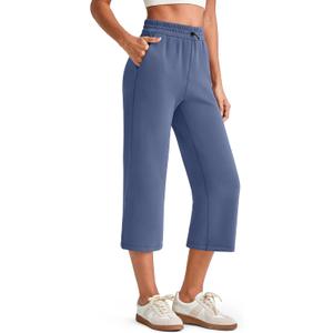 G4Free Smoofit Wide Leg Capri Pants for Women Adjustable Shockcord High Waist Summer Travel Casual Pants with Pockets (Blue, XL)
