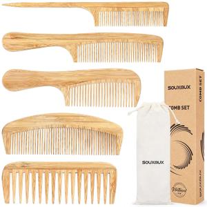 Souxmux 5 Pcs Natural Handmade Bamboo Anti-Static Combs Set - Wide Tooth, Rat Tail and Fine Tooth for Long, Short, Thick, Thin, Wavy or Curly Hair Detangling (Natural)