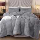 EMME Plush Shaggy Duvet Cover Set Queen Size 3 Pieces Fluffy Fuzzy Comforter Cover Set for Queen Bed Luxury Soft Bedding Duvet Covers (Grey, Queen)