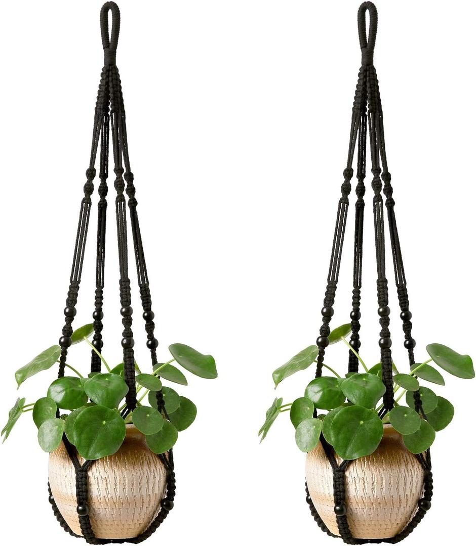 Mkono Macrame Plant Hanger Indoor Hanging Planter Basket with Wood Beads Decorative Flower Pot Holder No Tassels for Indoor Outdoor Boho Home Decor 35 Inch, Black, Set of 2 (POTS NOT Included)