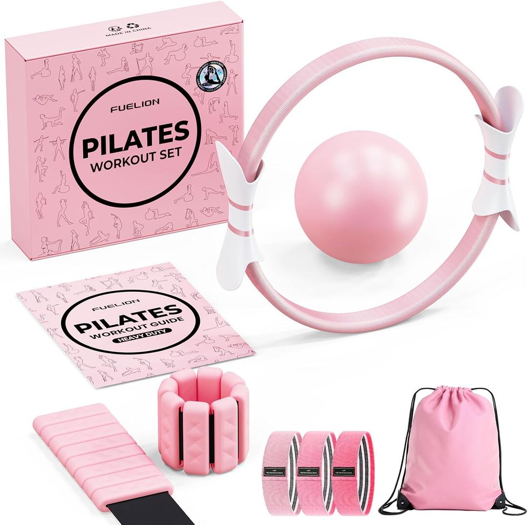 Fuelion Pilates Ring Set, Magic Circle Yoga Ring, Pilates Ball, Adjustable Ankle Wrist Weights, Resistance Bands, Mini Ball, Pilates Starter Kit for Strength, Workout Guide Included (Small-Basic, Pink)