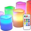 DRomance Flameless Flickering Candles Color Changing with 18-Key Remote Timer, Battery Operated Real Wax Set of 6 LED Pillar Candles Indoor Valentine's Day Romantic Decor(3" x 3"-6")