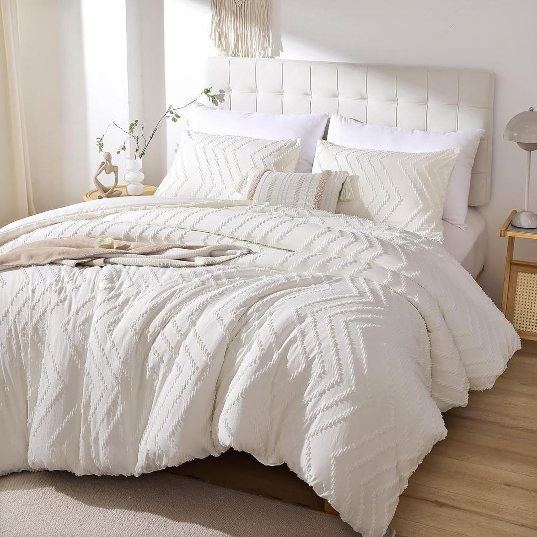 YIRDDEO Ivory White King Comforter Set, Boho Farmhouse Bedding Set, Vertical Tufted Bed Set, Lightweight Neutral Bedroom Set (1 Comforter 2 Pillowcase) (King, Ivory White)