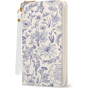 Blue Flower Women Wallet, RFID Blocking Credit Card Holder Wallet for Women Wristlet, Ladies Purse with Zip Around Phone Holder, Travel Large Capacity Wallets Hand Strap, Women's Clutch Organizer